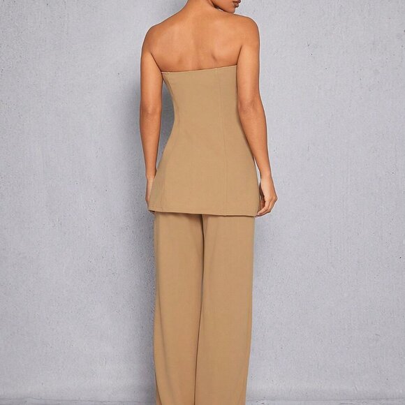 Elegant Women's Button Split Tube Top & Pants Set Camel - Picture 2 of 4